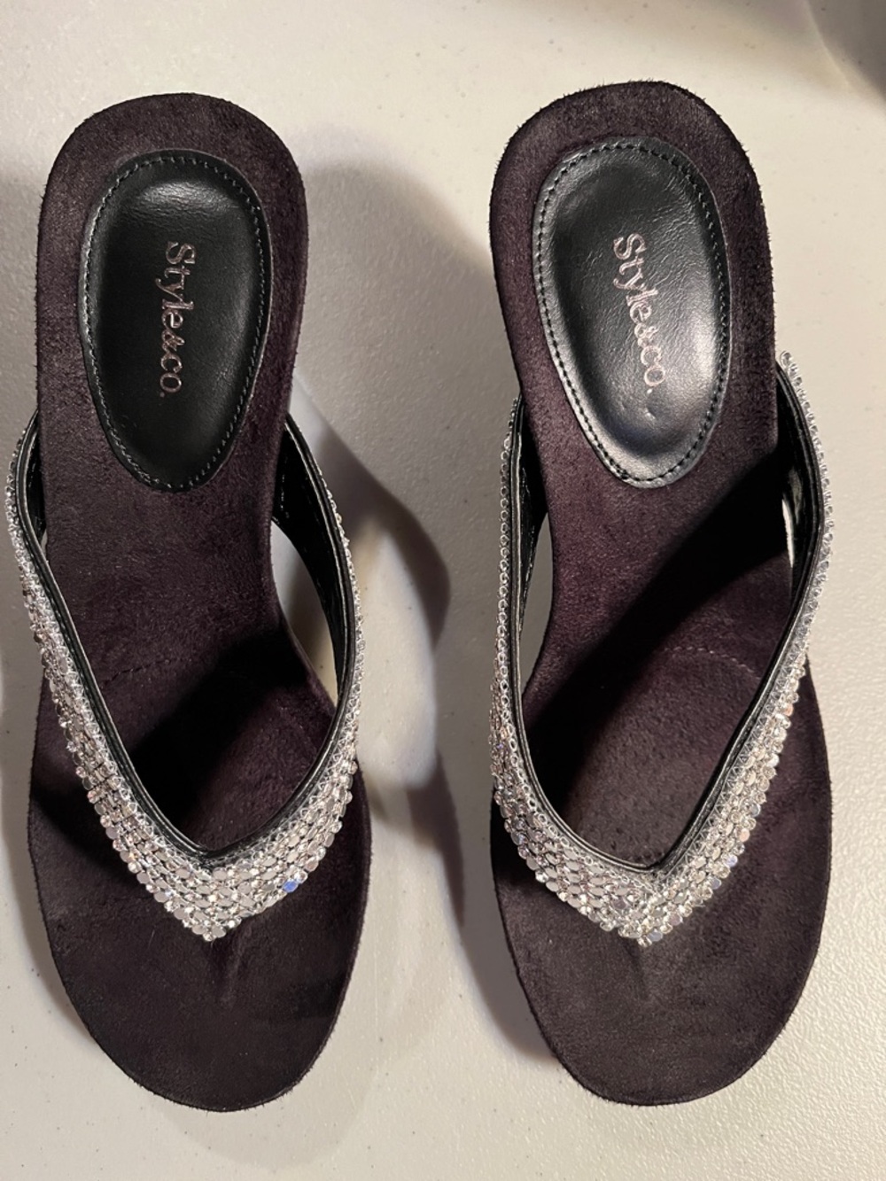 Style & Co. Black Suede/Leather Crystal-Embellished Thong Mules